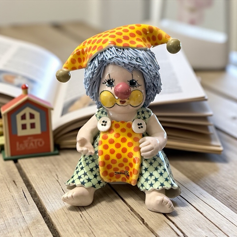 Vintage Zampiva Porcelain Clown Figurine with Spaghetti Hair Design-SIGNED